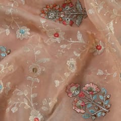 Peach Colour Viscose Organza MultiColour Thread and Sequins Embroidered Fabric