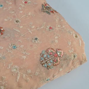 Peach Colour Viscose Organza MultiColour Thread and Sequins Embroidered Fabric