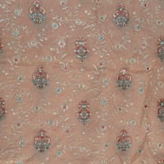 Peach Colour Viscose Organza MultiColour Thread and Sequins Embroidered Fabric