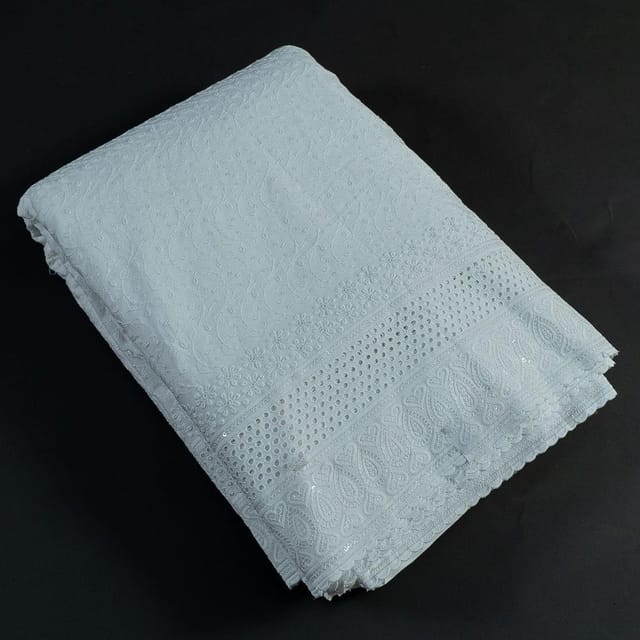 White Colour Cotton Chikan Embroidered Fabric