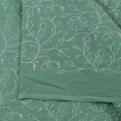 Green Colour Cotton Thread Lakhnavi Embroidered Fabric