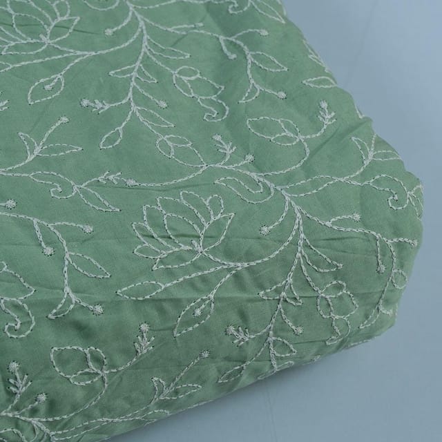 Green Colour Cotton Thread Lakhnavi Embroidered Fabric