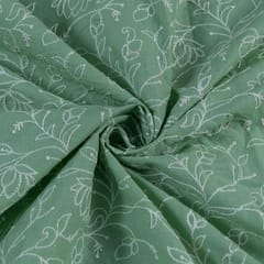 Green Colour Cotton Thread Lakhnavi Embroidered Fabric