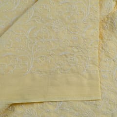 Lemon Colour Cotton Thread Lakhnavi Embroidered Fabric