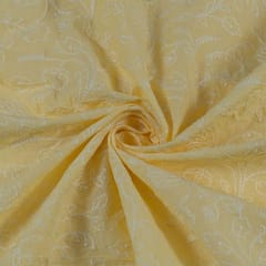 Lemon Colour Cotton Thread Lakhnavi Embroidered Fabric