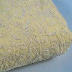 Lemon Colour Cotton Thread Lakhnavi Embroidered Fabric