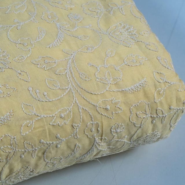 Lemon Colour Cotton Thread Lakhnavi Embroidered Fabric