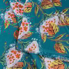 Teal Green Colour Habutai Silk Printed Fabric