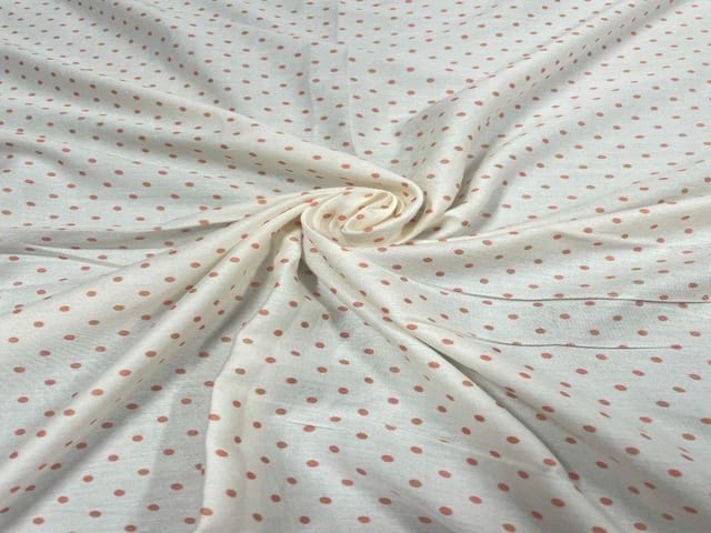Printed Cotton Mul Satin White Orange Dots