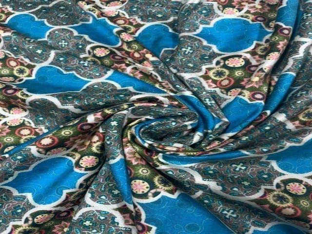 Pure Dupion Silk Blue MultiColour Geometric