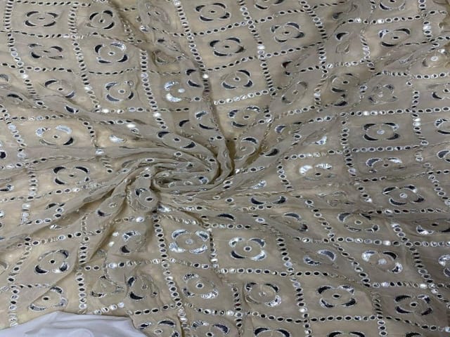 Embroidered Georgette Light Fawn Silver Geometric