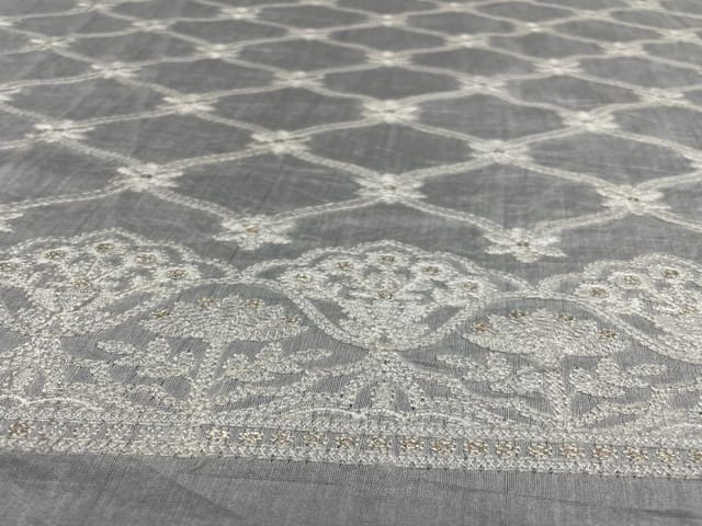 Dyeable Embroidered Pure Chanderi Silk White Floral With Border