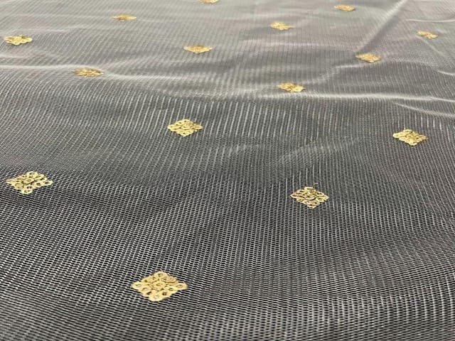 Dyeable Embroidered Net White Golden Diamond