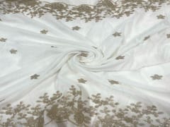 Dyeable Embroidered Chiffon White Golden Floral Borders