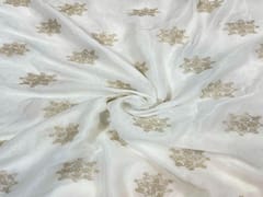 Dyeable Embroidered Chiffon White Golden Geometric Motifs