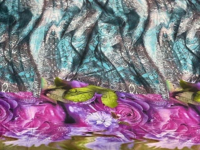 Printed Imported Satin Sea Blue MultiColour Floral