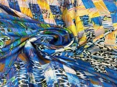 Printed Imported Satin Blue Yellow Abstract