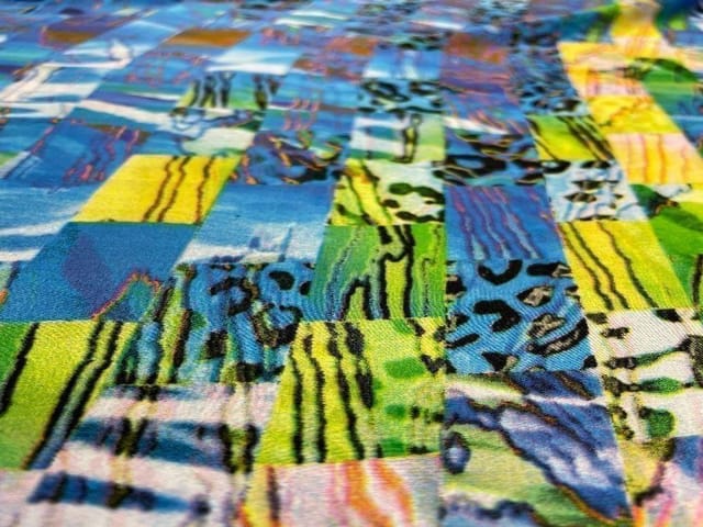 Printed Imported Satin Blue Yellow Abstract