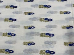 Embroidered Cotton Off White Blue Floral Motifs