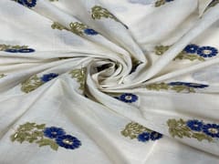 Embroidered Cotton Off White Blue Floral Motifs