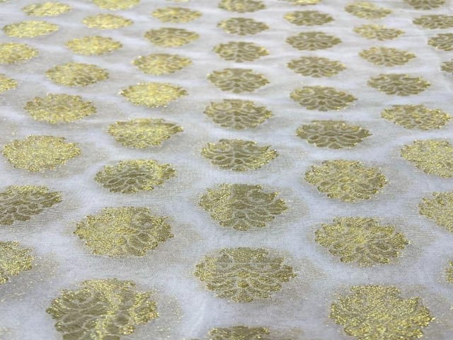 Dyeable Banarasi Semi Georgette White Golden Flowers 1