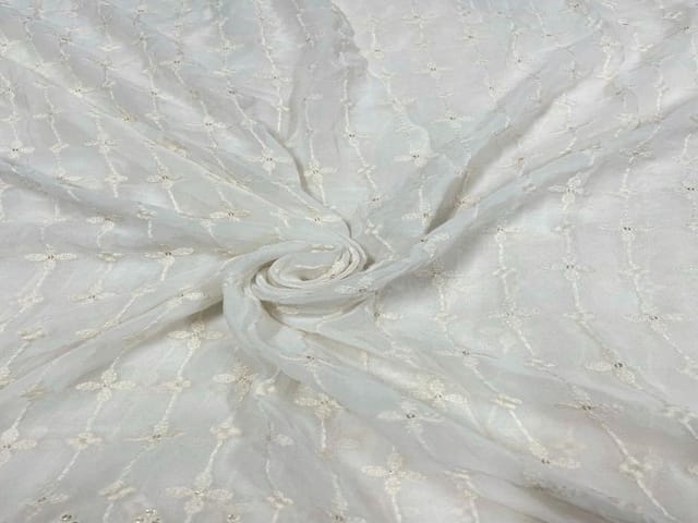 Dyeable Embroidered Georgette White Stripes With Borders