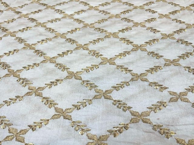 Dyeable Embroidered Pure Chanderi Silk White Flowers Checks