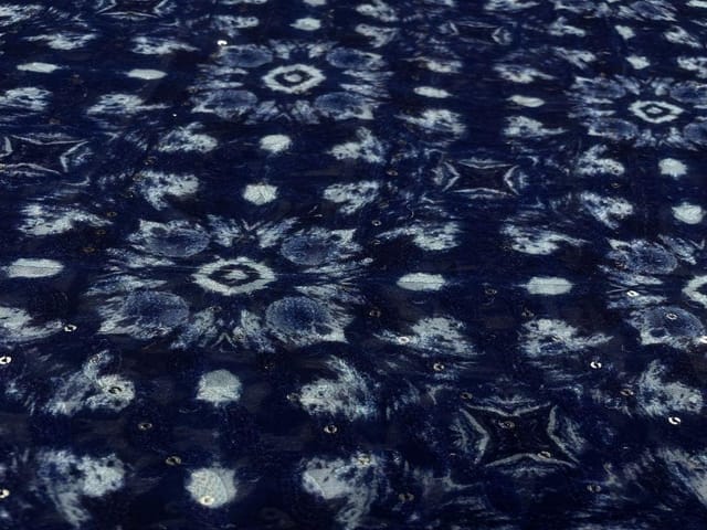 Embroidered Georgette Navy Blue White Abstract