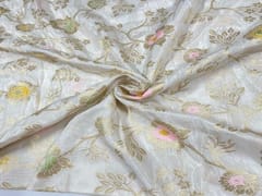 Dyeable Tussar Silk White Golden Flowers