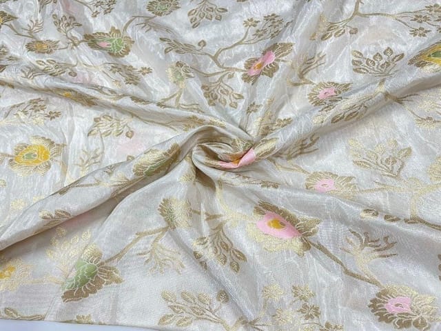 Dyeable Tussar Silk White Golden Flowers