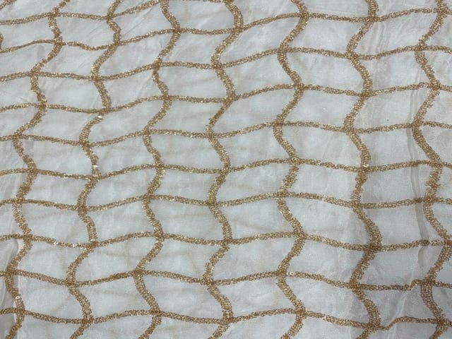 Dyeable Embroidered Chiffon White Golden Checks Waves