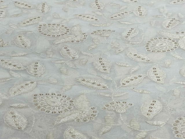 Dyeable Embroidered Georgette White Leaves