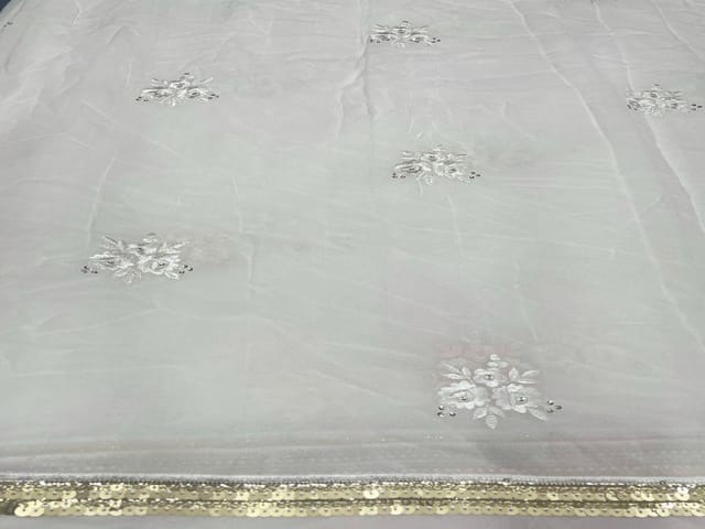 Dyeable Embroidered Georgette White Flowers With Border