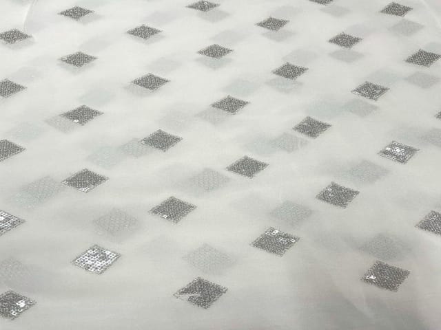 Dyeable Embroidered Georgette White Silver Geometric