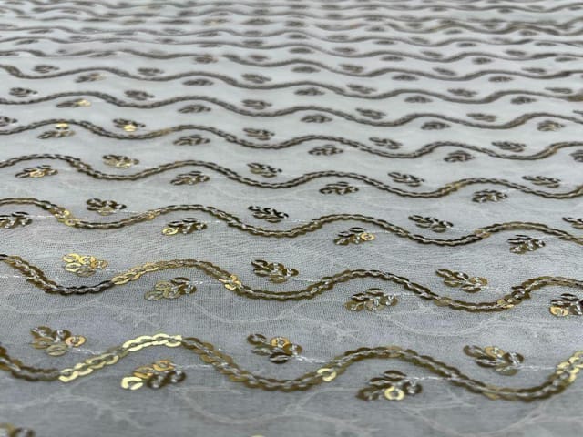 Dyeable Embroidered Georgette White Golden Wavy Stripes Floral