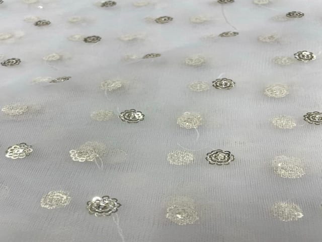 Dyeable Embroidered Net White Golden Floral Motifs