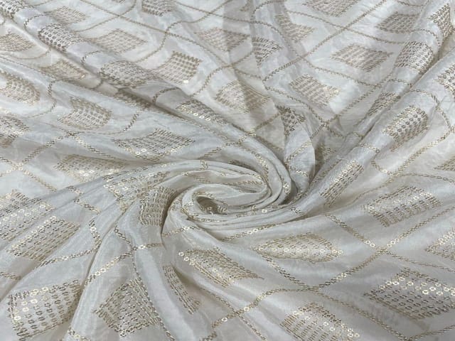 Dyeable Embroidered Uppada Silk White Golden Geometric