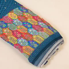 Firozi Colour Embroiderd Georgette Pleated Printed Fabric with Green Border