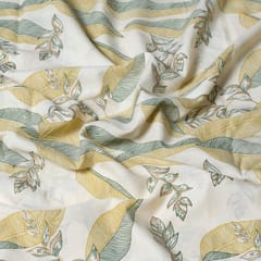 Cream and Green Colour Cotton Print  Fabric with Gold Highlight
