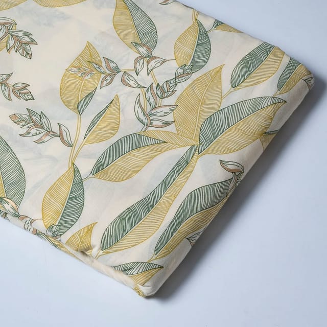 Cream and Green Colour Cotton Print  Fabric with Gold Highlight