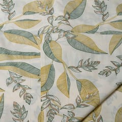 Cream and Green Colour Cotton Print  Fabric with Gold Highlight