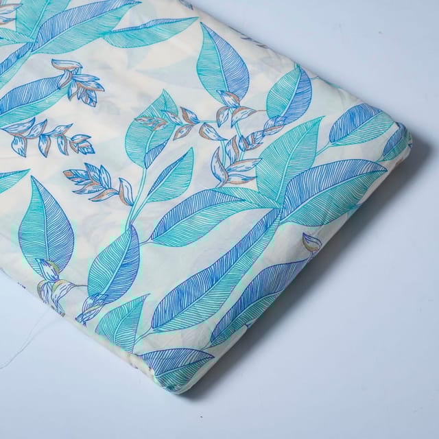 Cream and Blue Colour Cotton Print  Fabric with Gold Highlight