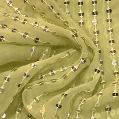 Lime green Georgette Faux Mirror Embroidered Fabric