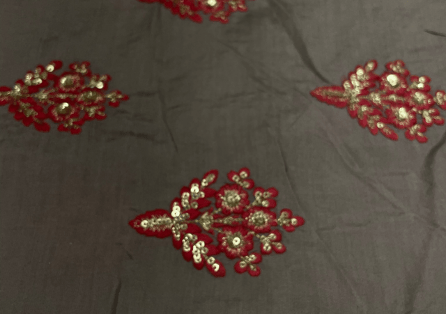 Embroidered Cotton Dark Brown Red Flowers