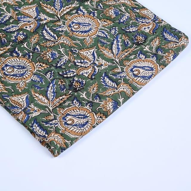 Green Colour traditional Bagru Printed Fabric
