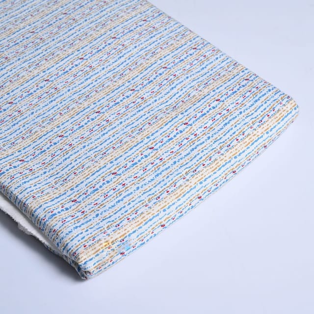 White With Blue Colour Stripes Cotton Printed Fabric