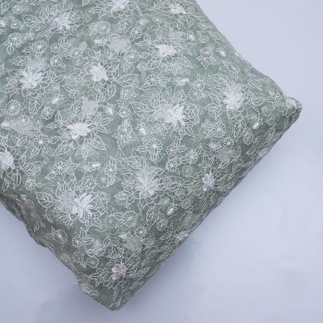 Greenish Grey Colour Pure Organza Embroidery