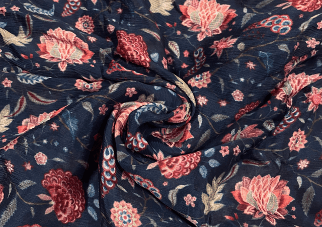 Dark Blue MultiColour Floral Printed Chiffon Fabric