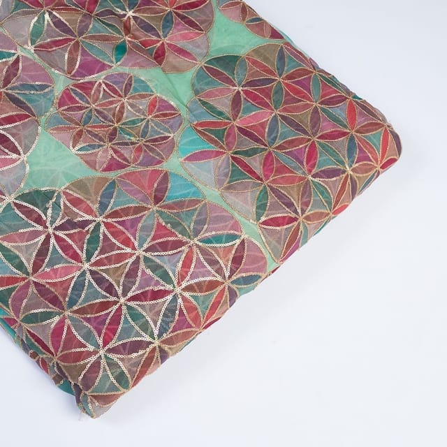 Green Colour Organza Printed Fabric with Embroidered Fabric