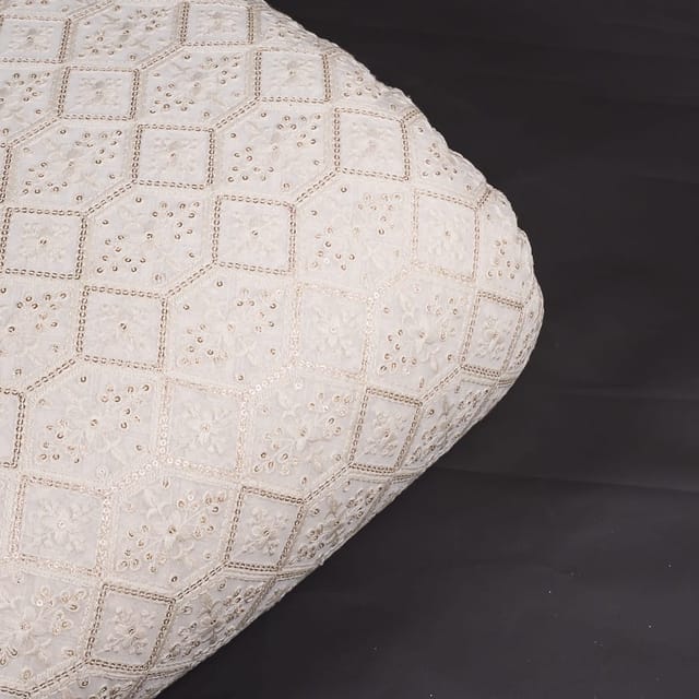 Off White Colour Dyeable Georgette Thread Embroidered Fabric